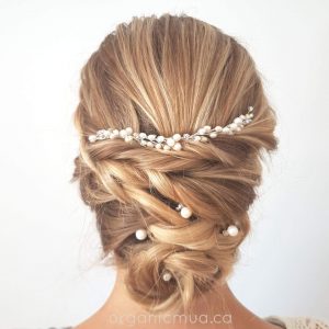 wedding updo blonde hair with pearl hair vine and hair pins