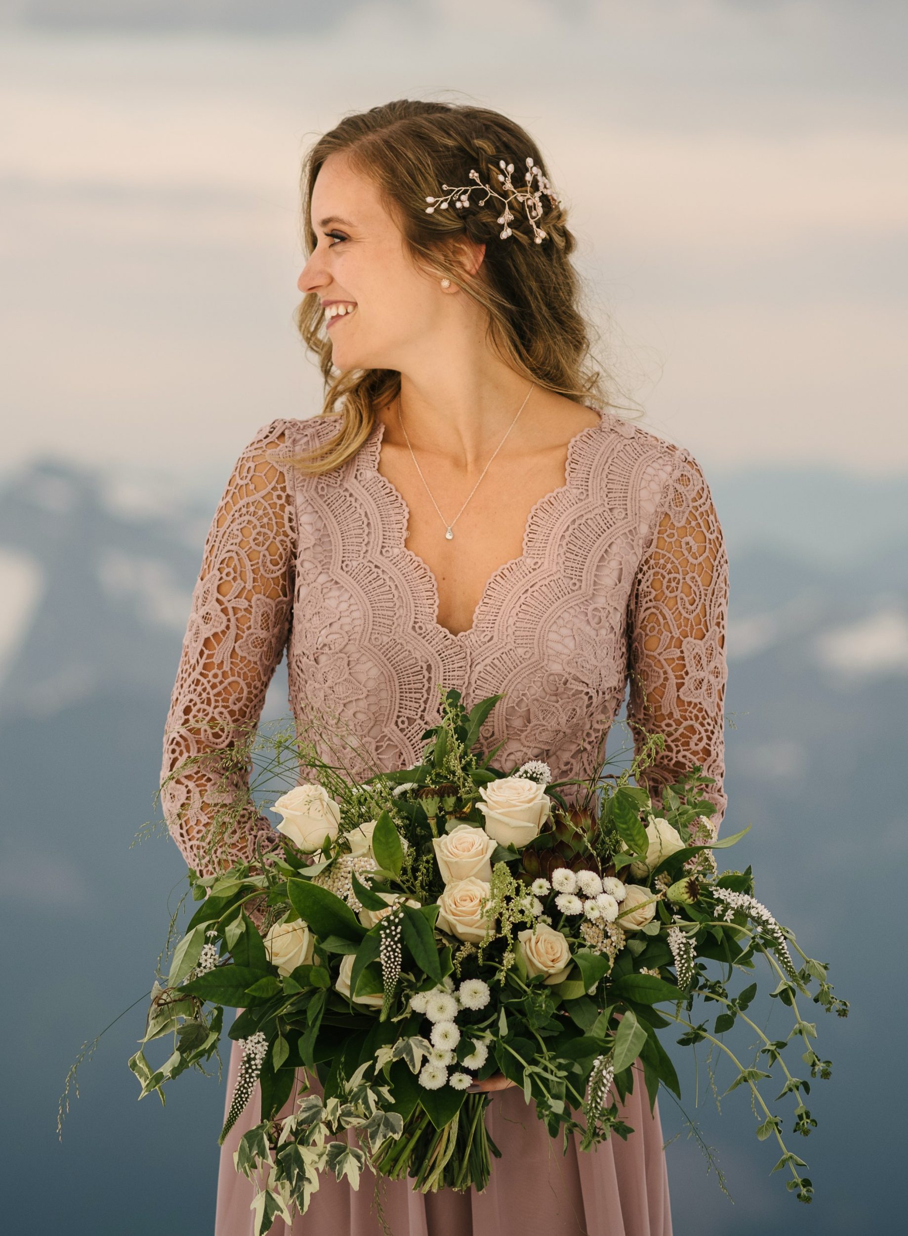 rose gold hair vine side swept hair for wedding