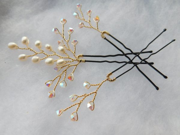 gold crystal and pearl hair pins