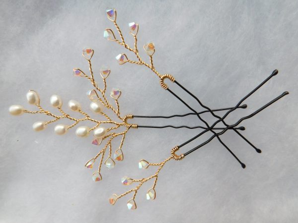 gold crystal and pearl hair pins