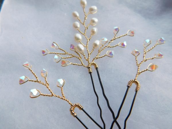 gold crystal and pearl hair pins