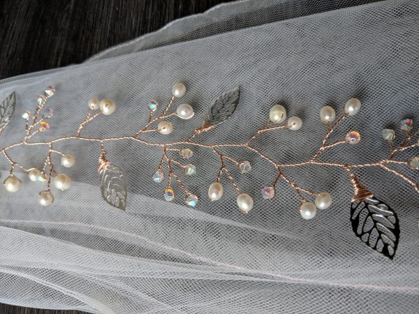 rose gold pearl and leaf hair vine